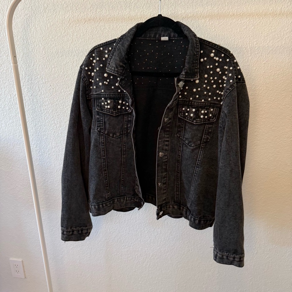 Pearl Studded Black Denim Jacket